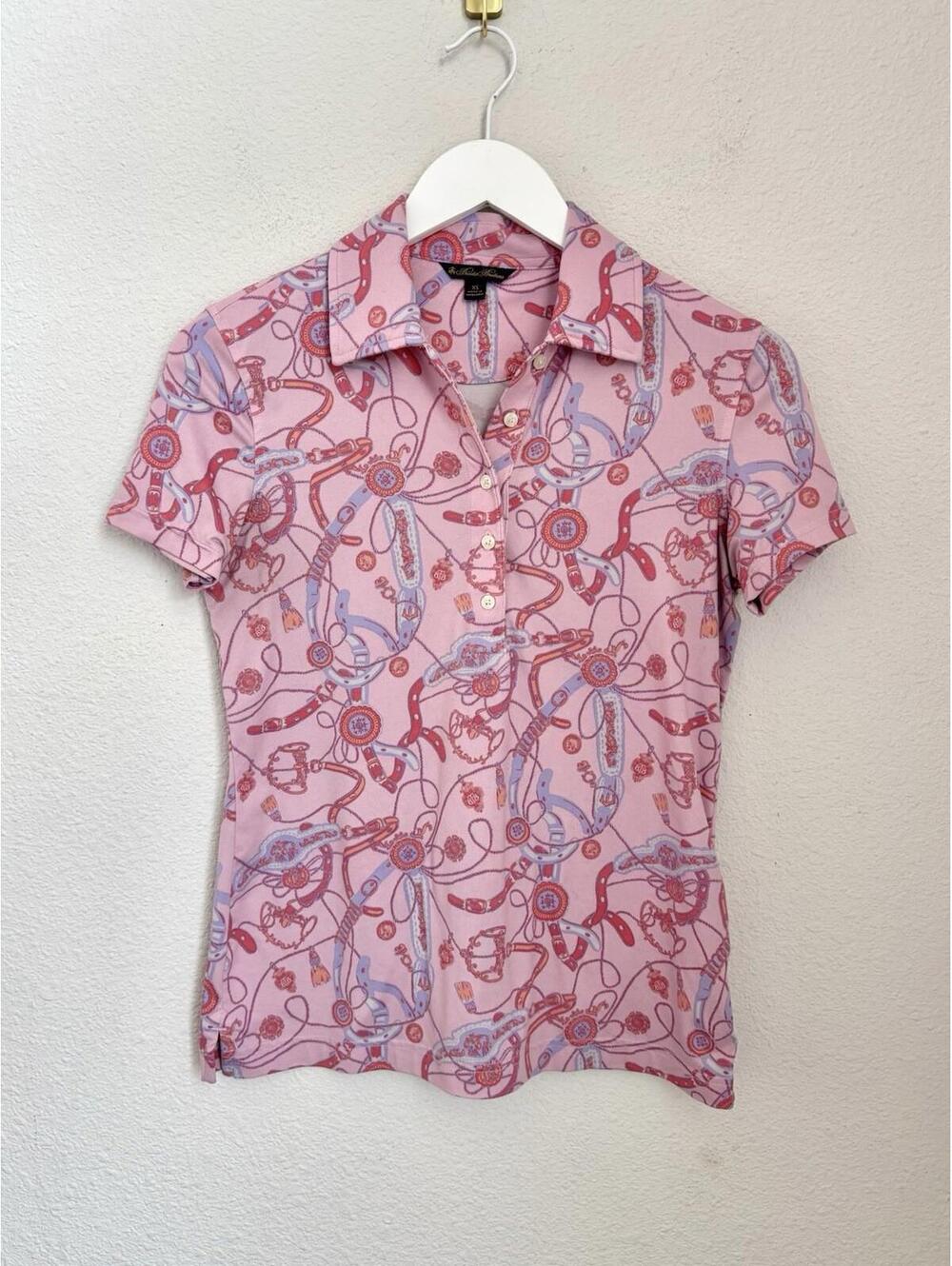 Brooks Brothers Women’s Sz XS Equestrian Print Jersey Knit Polo Shirt Pink